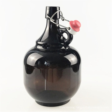 Brown Glass Bottle with Handle and Clasp, 2-Liter Beer Bottle and Enzyme Bottle